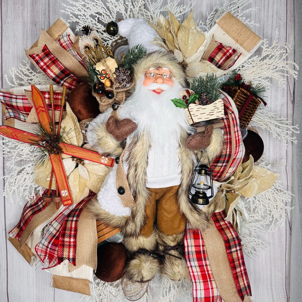 Rustic Santa Holiday Wreath with Red and Brown Accents
